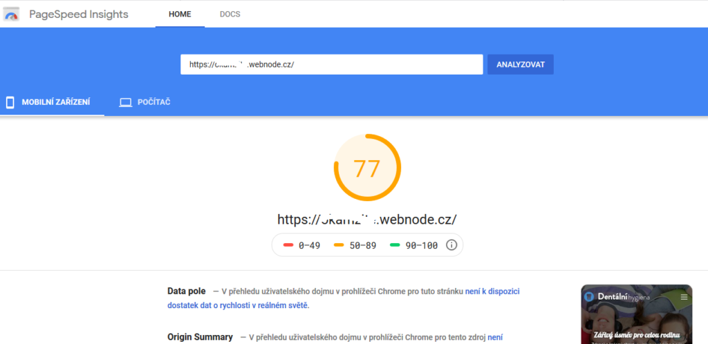 Webnode recenze test rychlosti stránek pomocí Google PageSpeed Insights