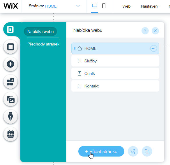 Wix recenze tvorba webu přidání stránky