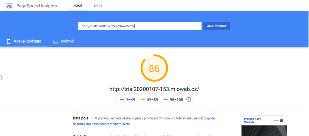 MioWeb recenze test rychlosti webových stránek