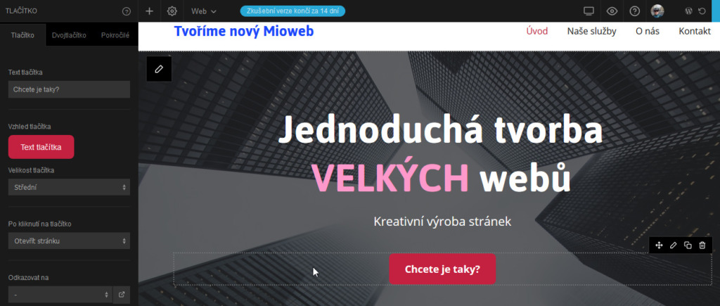 MioWeb recenze WYSIWYG editor webových stránek editace tlačítka
