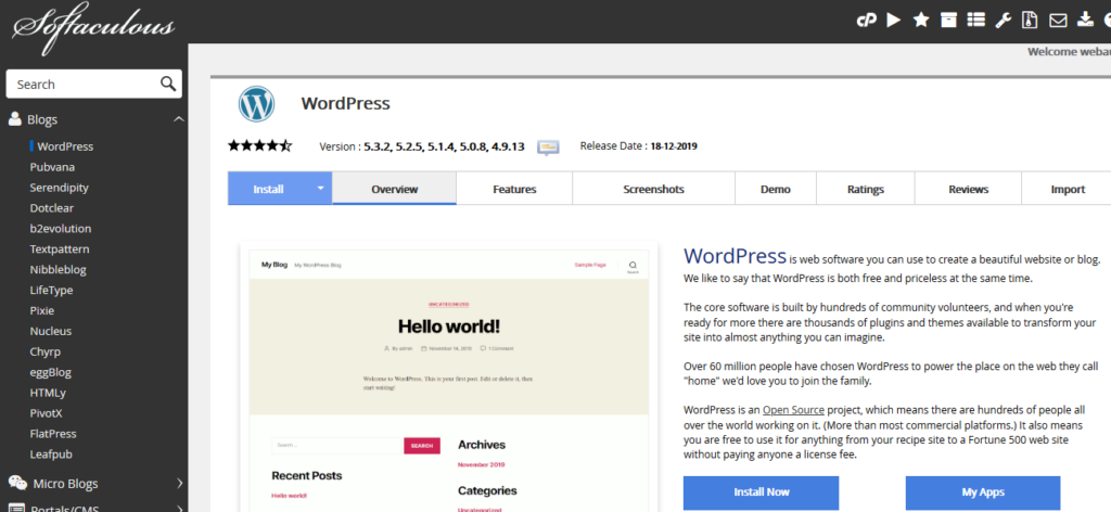 Recenze Bluehost instalace WordPress na kliknutí pomocí Softaculous