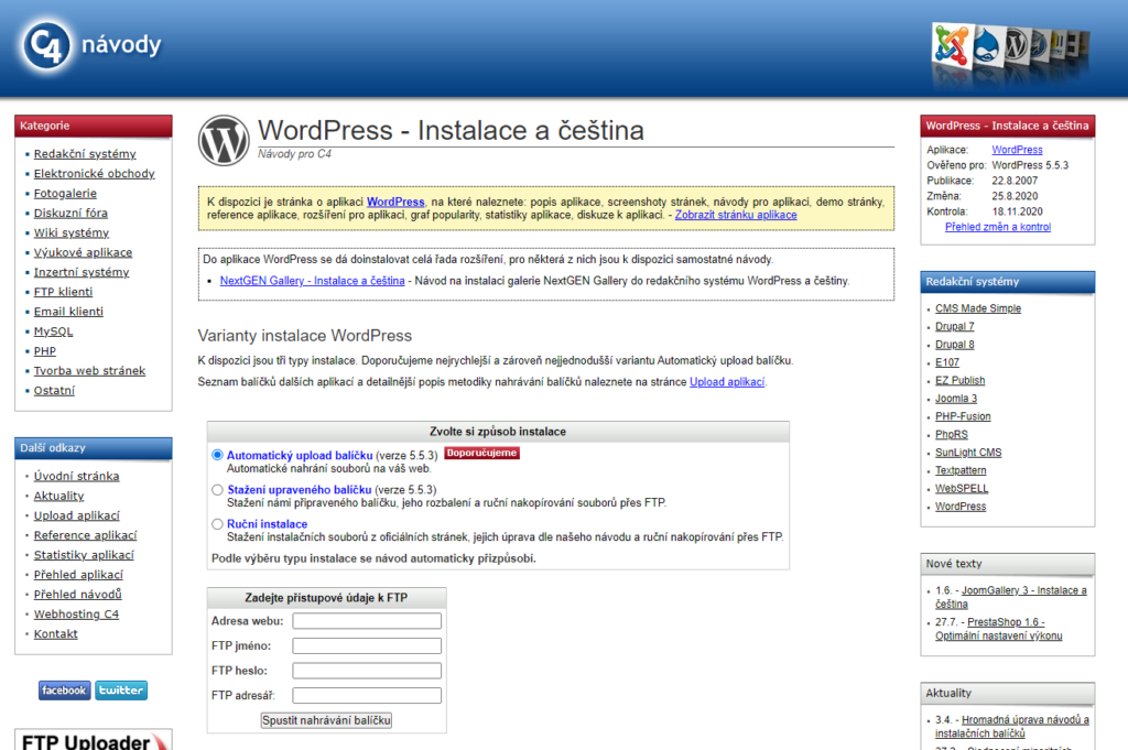 Webhosting C4 recenze instalace WordPress přes nápovědu
