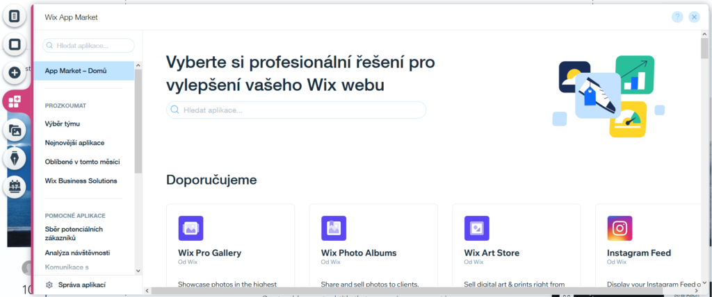 Webnode vs. Wix - Wix levé menu rozšiřující aplikace