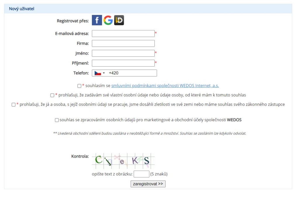 Registrační formulář nového uživatele